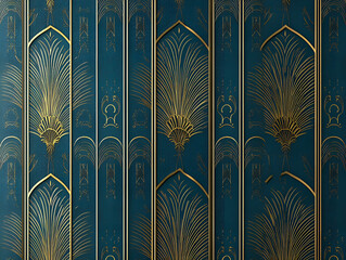 Poster - Elegant art deco style ornamental background design featuring golden fan shapes and geometric patterns with a luxurious teal texture