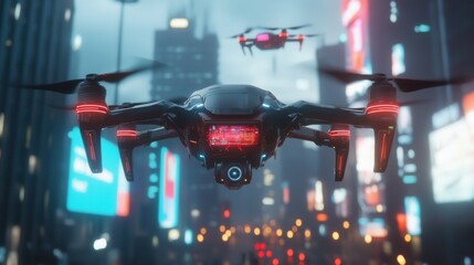 Poster - A futuristic cityscape with a drone hovering above the illuminated skyscrapers and high rises their neon lights glowing against the night sky