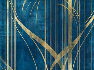 Poster - Abstract art deco design gold lines on textured blue background for elegant decorative designs
