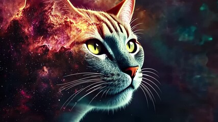 Poster - Cosmic cat silhouette emerges from a galactic landscape showcasing vibrant colors and swirling stars, cat head and outer space seamless ing timelapse virtual video Background