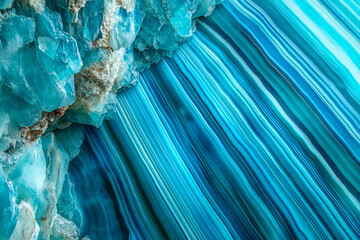 Poster - Abstract geological formation with striking crystalline structures showcasing a spectrum of captivating blue and turquoise colorations and intricate banded textures.