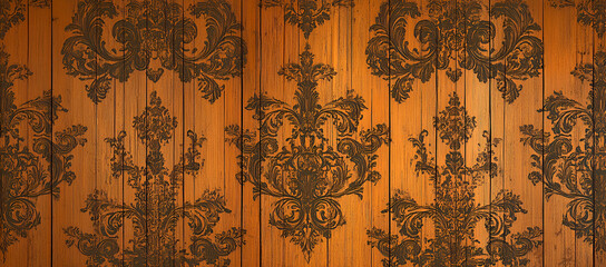 Poster - Elegant vintage wood panel texture with decorative damask pattern in warm rustic tones for background design