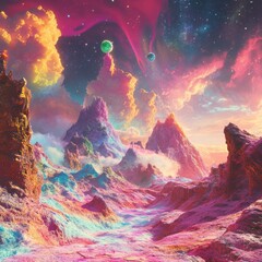Poster - A fantastical dreamlike landscape filled with towering mountains glowing planets and swirling cosmic phenomena creating a captivating and enchanting extraterrestrial scene