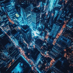 Poster - A breathtaking aerial view of a densely packed urban skyline with towering skyscrapers and intricate networks of roads and infrastructure illuminated by a sea of dazzling lights in the night