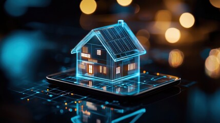 Poster - A futuristic and transparent holographic display showcasing a detailed 3D model of a smart home with advanced energy efficient technologies and integrated digital systems