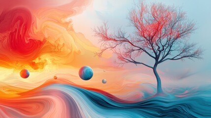 Poster - A surreal and imaginative landscape featuring floating glowing orbs and ethereal colorful trees set against a vibrant kaleidoscopic sky