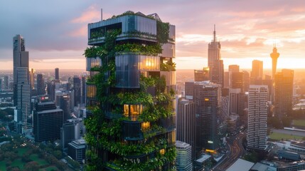 Poster - a lush green vertical garden cascading down the facade of a modern high rise building set against th