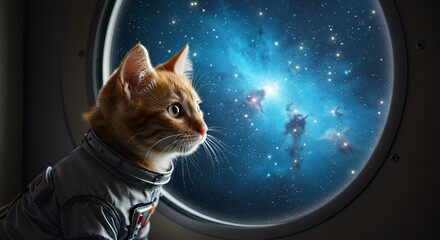 orange tabby kitten in silver spacesuit gazing through space vessel window at dark blue nebula and s