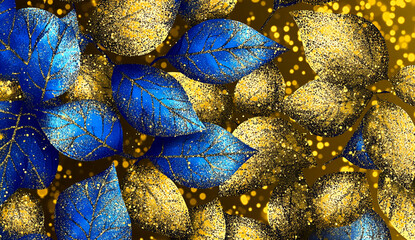 Poster - Elegant abstract leaf design with sparkling gold dust and royal blue hues for luxury decoration and artistic backgrounds