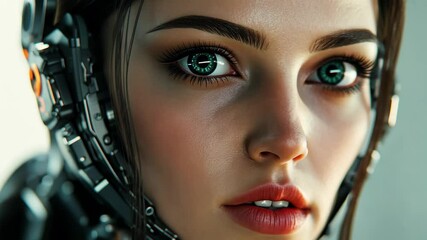 Poster - Cinematic close-up portrait of a female cyborg with intricate detailing and expressive eyes, Female cyborg portrait cinematic close up pan