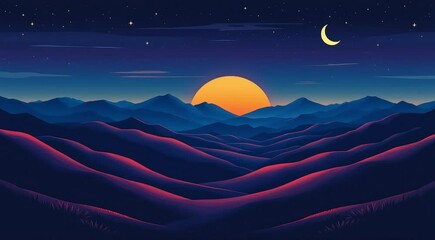 Wall Mural - Sunset over rolling hills night sky moon stars