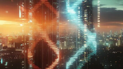 Leinwandbilder - Exploring the synergy of DNA technology and urban architecture in a vibrant cityscape at dusk, dna strand and data processing over cityscape