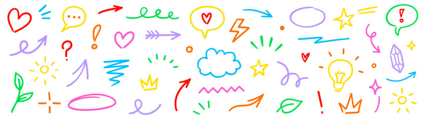Aufkleber - Line marker hand color brush icon set. Arrow sketch stroke underline pencil shape colorful highlight for text or design. Hand drawn star crown heart with playful doodle style. Vector illustration.