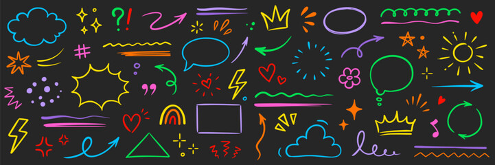 Aufkleber - Line hand drawn brush marker arrow, heart, crown element set. Hand drawn sketch marker underline kid color shape, arrow, star scribble brush pen stroke doodle graphic icon. Vector illustration