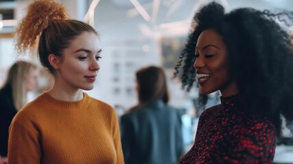 Poster - Diverse female colleagues engaging in conversation at an office workspace during a collaborative meeting, diagrams over diverse female colleagues talking in office