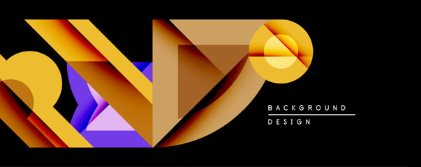 Aufkleber - Abstract geometric design features overlapping shapes, vibrant gradients. Gold, orange, purple hues contrast against black background. Modern, dynamic composition.