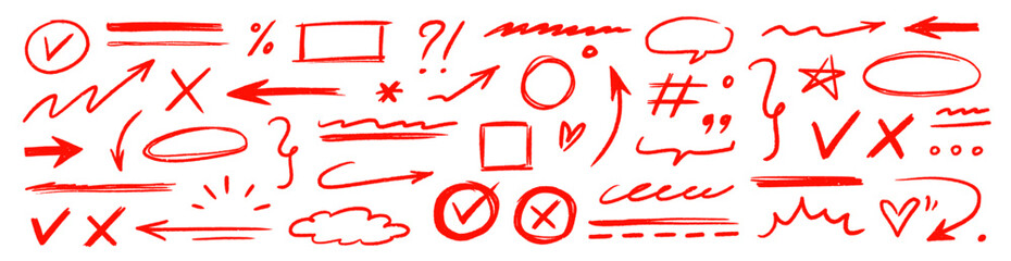 Aufkleber - Hand drawn line arrow chalk brush stroke red icon set. Red crayon underline, check mark, scribble shapes with rough texture. Hand style symbols, arrows, star and frame highlight. Vector illustration