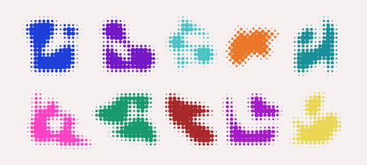 Poster - Set of colorful halftone blob shapes - ink stain silhouettes isolated on light background. Dotted grunge textures, rough spray spots. Distressed splatter effect. Abstract vector design element.