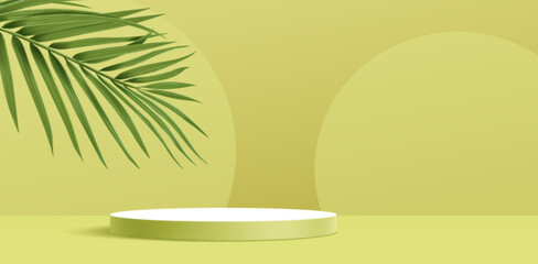 Poster - luxury podium display with palm leaf - green tropical plant on pastel olive background. round white 