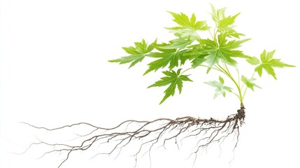 a young plant with vibrant green leaves and extensive root system against a white background