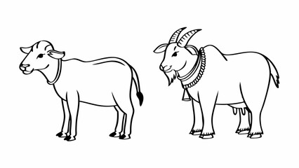 Poster - Illustration of a zebu with a collar and a goat with a bell and beard in black and white outline created with generated ai