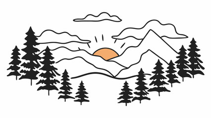 Poster - illustration of a mountain range with trees and a sunset in a minimalist style graphic design create