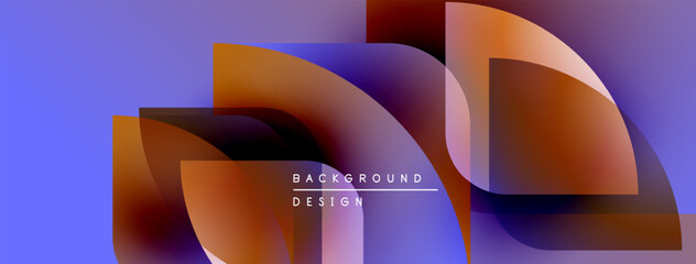 Poster - Abstract design features overlapping shapes, gradients. Purple, orange hues dominate composition. Modern aesthetic, dynamic visual impact.