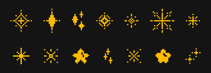 Poster - Pixel stars set - yellow geometric shapes in space. Retro 8 bit gaming sprites of pixelated celestial bodies. Minimalist elements, nostalgic assets mesh with cosmic adventures or galaxy backgrounds.