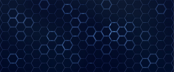 Poster - Abstract hexagon pattern background - futuristic sci fi honeycomb grid, glowing blue neon lines on dark. Geometric vector graphic design for digital interfaces, HUD displays and gaming backdrops.