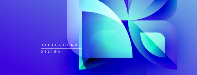 Poster - Abstract blue background features flowing shapes, gradients. Modern design elements create dynamic visual impact. Bright, vibrant colors dominate composition.