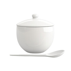 Poster - white ceramic bowl with lid and matching spoon, perfect for serving soups or sauces. Its elegant design adds touch of sophistication to any dining table