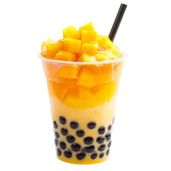 Poster - Mango bubble tea with tapioca pearls, refreshing and vibrant drink topped with fresh mango chunks. Perfect for hot day or sweet treat