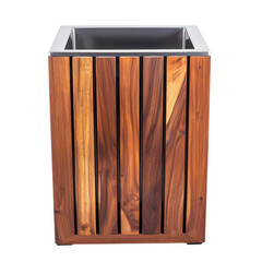 Poster - Wooden trash can with metal accents, featuring modern design and natural wood finish. Ideal for home or office use, adding touch of elegance to any space