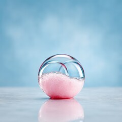 Poster - Pink Granules and Foam Inside a Transparent Glass Sphere on Light Blue Background