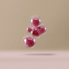Poster - Pink Textured Spheres in Transparent Bubbles Against Beige Background