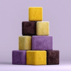 Poster - Pyramid of Soft Textured Cubes in Yellow Purple and Brown on Pale Purple Background