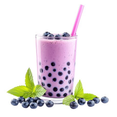 Poster - Creamy blueberry smoothie with tapioca pearls, garnished with fresh mint leaves. refreshing drink perfect for summer