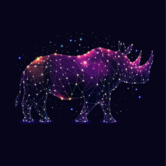 Poster - Abstract digital rhinoceros illustration composed of glowing interconnected points and lines set against dark cosmic background with starry effects and neon purple highlights vector geometry design