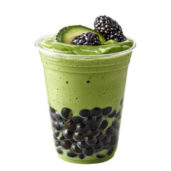 Poster - Creamy green smoothie with black tapioca pearls, topped with blackberries and cucumber slices, offering refreshing and nutritious drink option