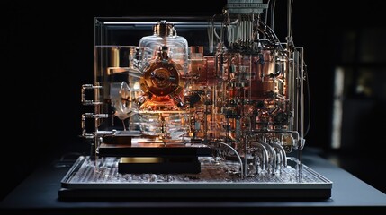 Intricate, transparent display case showcasing a complex mechanical system.