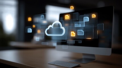 Poster - Augmented reality display of cloud-based document management icons—file sharing, backup, and real-time collaboration—hovering over a desktop computer in a high-tech workspace.