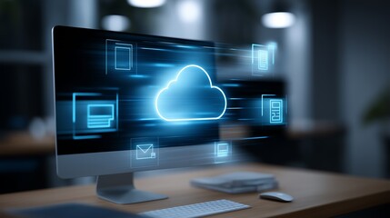 Poster - Augmented reality display of cloud-based document management icons—file sharing, backup, and real-time collaboration—hovering over a desktop computer in a high-tech workspace.