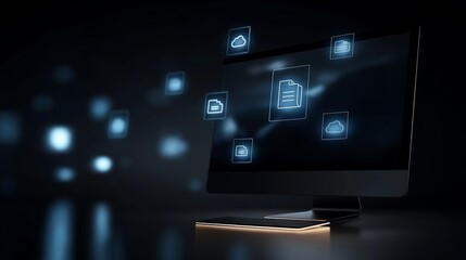 Poster - High-tech environment with floating AR icons above a sleek monitor—folders, cloud symbols, and document previews—illustrating seamless cloud file management and storage capabilities.