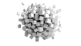 A dense cluster of white cubes explodes outwards, creating a dynamic, three-dimensional sphere against a black backdrop