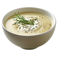 Poster - Creamy soup garnished with herbs and dollop of cream, served in white bowl. This comforting dish is perfect for cozy meal