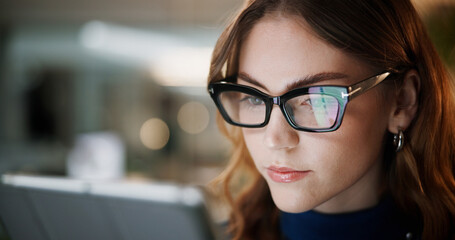 Poster - Office, businesswoman and glasses with tablet for reading, investment review and finance report at night. Late, person and financial advisor with tech for risk management, budget growth and research