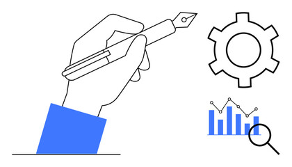 Poster - hand holding pen, adjacent gear for optimization, bar graph with magnifying glass for data analysis.