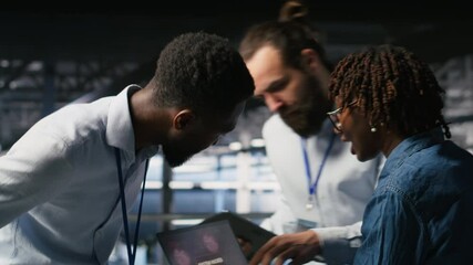 Poster - Data center programmer panicking after receiving critical error popup on laptop display. Server farm worker alerted by bugs causing low hardware performance while troubleshooting systems, camera B