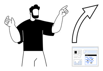 Poster - confident individual gestures towards analytical dashboard and large upward arrow symbolizing progre