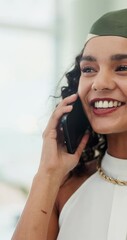Fototapete - Funny, business and phone call with woman, laughing and creative project with conversation. Happy person, entrepreneur and design agency with smartphone, smile and schedule with app and discussion
